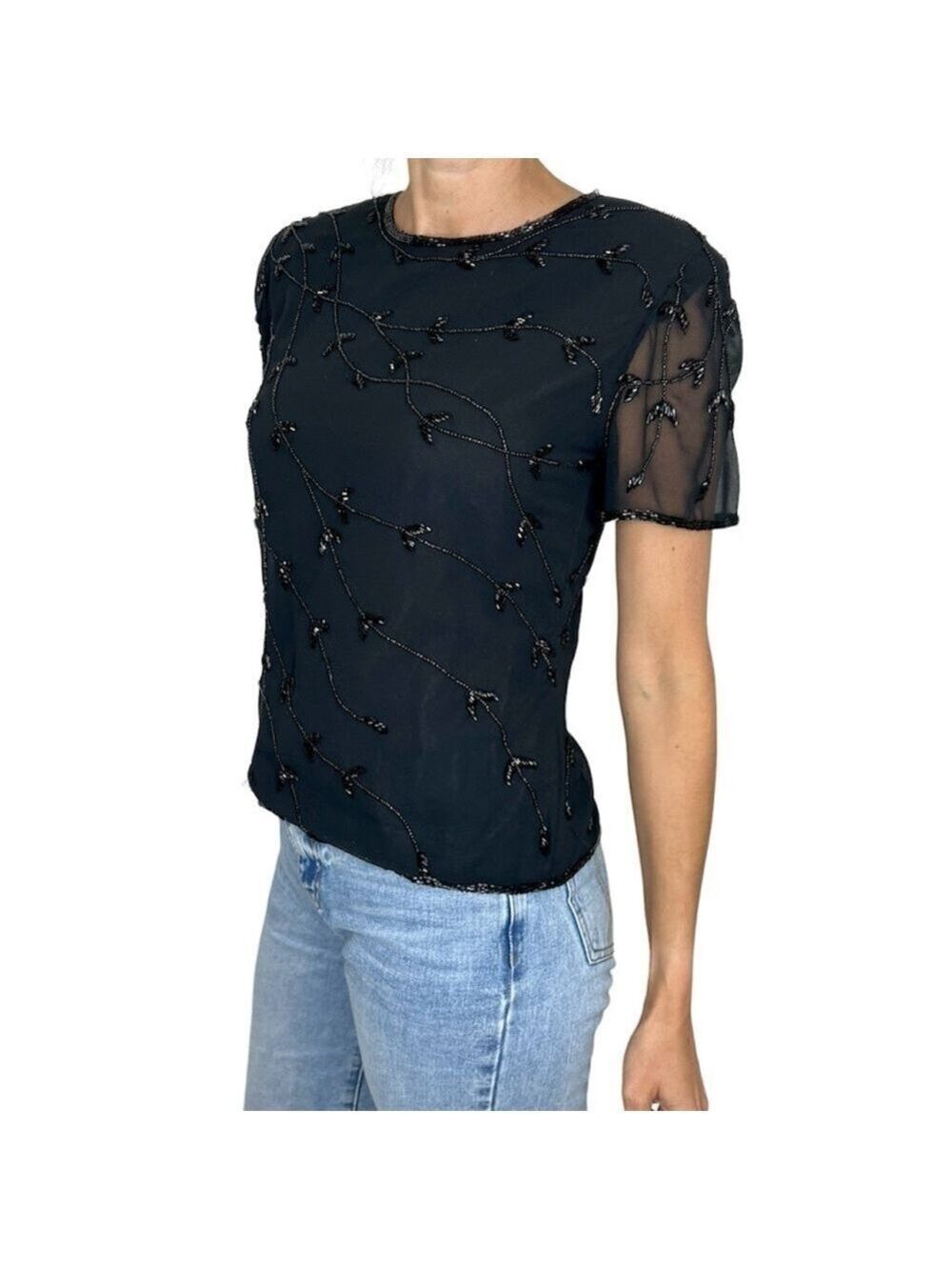 Vintage black beaded chiffon short sleeve top blouse